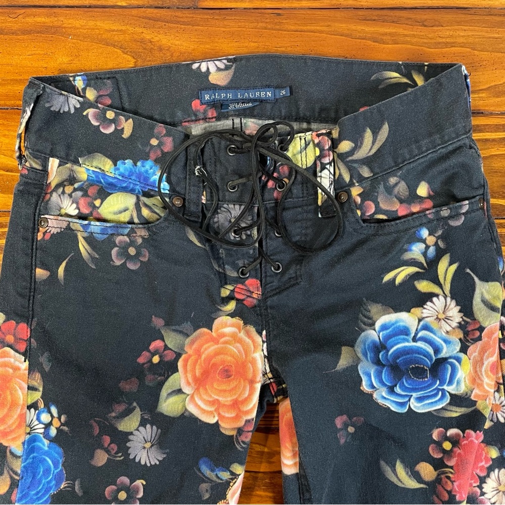 Ralph Lauren Low Cut Floral Jeans with Leather Criss Cross Tie Up sz 26 - Picture 4 of 9